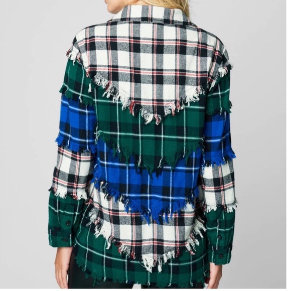 Blank NYC Double Dare Blue Green Plaid Fringe Flannel Shacket Button Down Top M - Picture 4 of 4